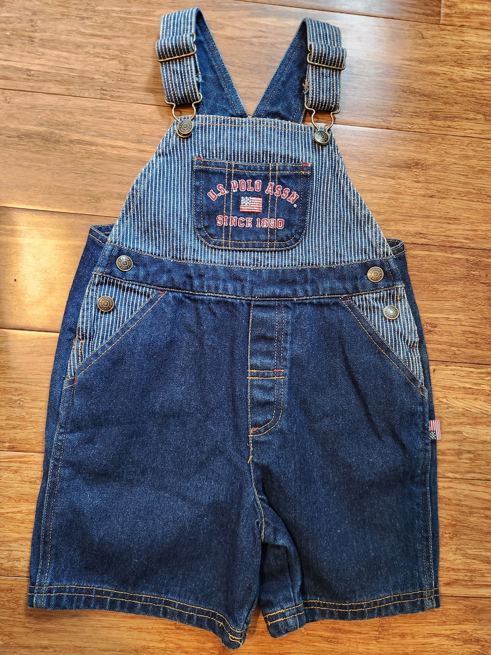 U.S. Polo Assn. Kids Denim Jean Short Overalls W/ Flags And Railroad Stripes, 3T